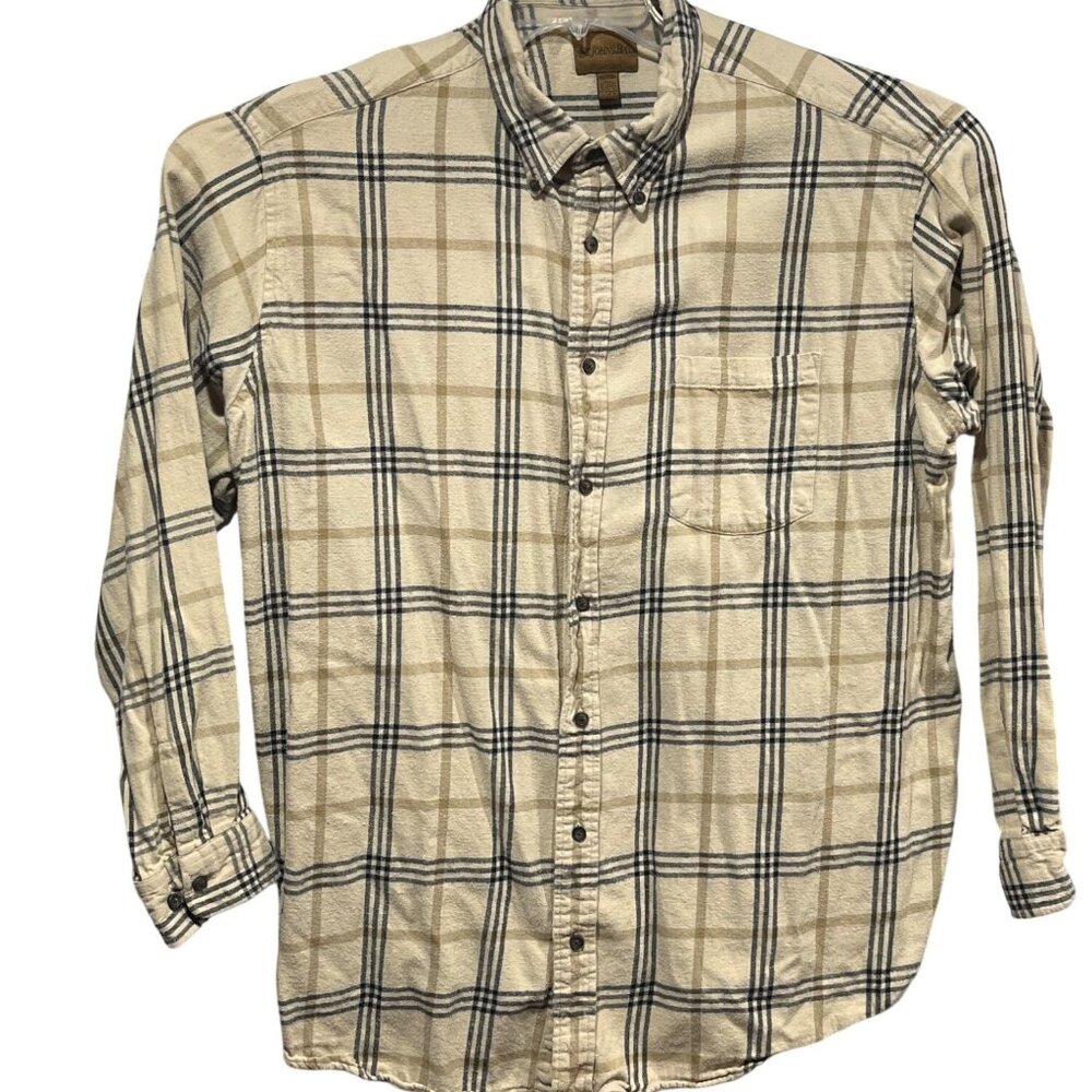 St. Johns Bay Beige & Navy Plaid Button-Down Shirt 2XL 100% Cotton Long Sleeve